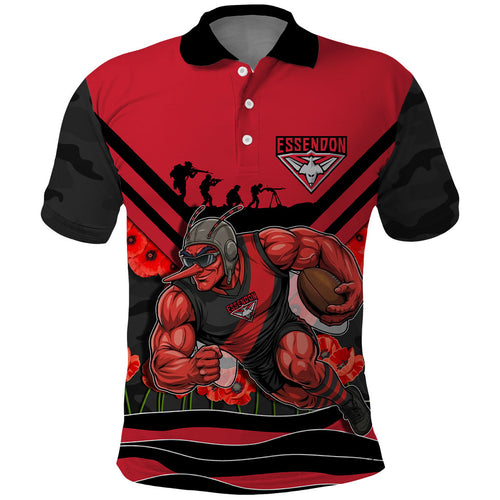 Personalised Essendon Bombers ANZAC Polo Shirt Military Remembrance Australian Football Mascot Camouflage