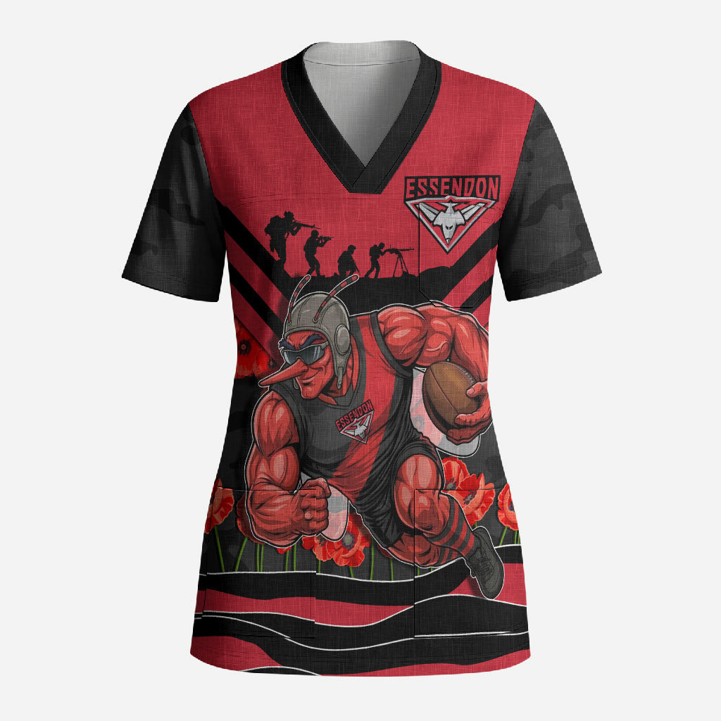 Personalised Essendon Bombers ANZAC Scrub Top Military Remembrance Australian Football Mascot Camouflage