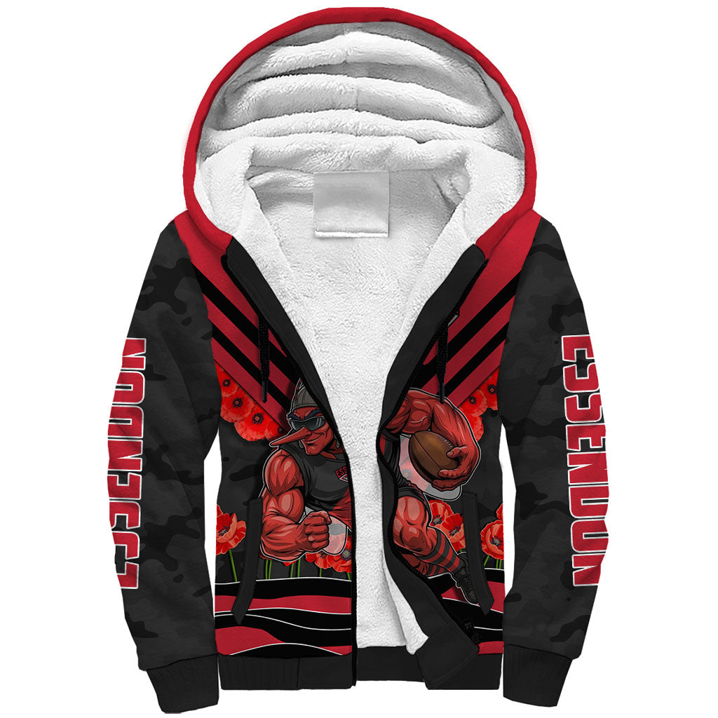 Personalised Essendon Bombers ANZAC Sherpa Hoodie Military Remembrance Australian Football Mascot Camouflage
