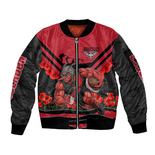 Personalised Essendon Bombers ANZAC Sleeve Zip Bomber Jacket Military Remembrance Australian Football Mascot Camouflage