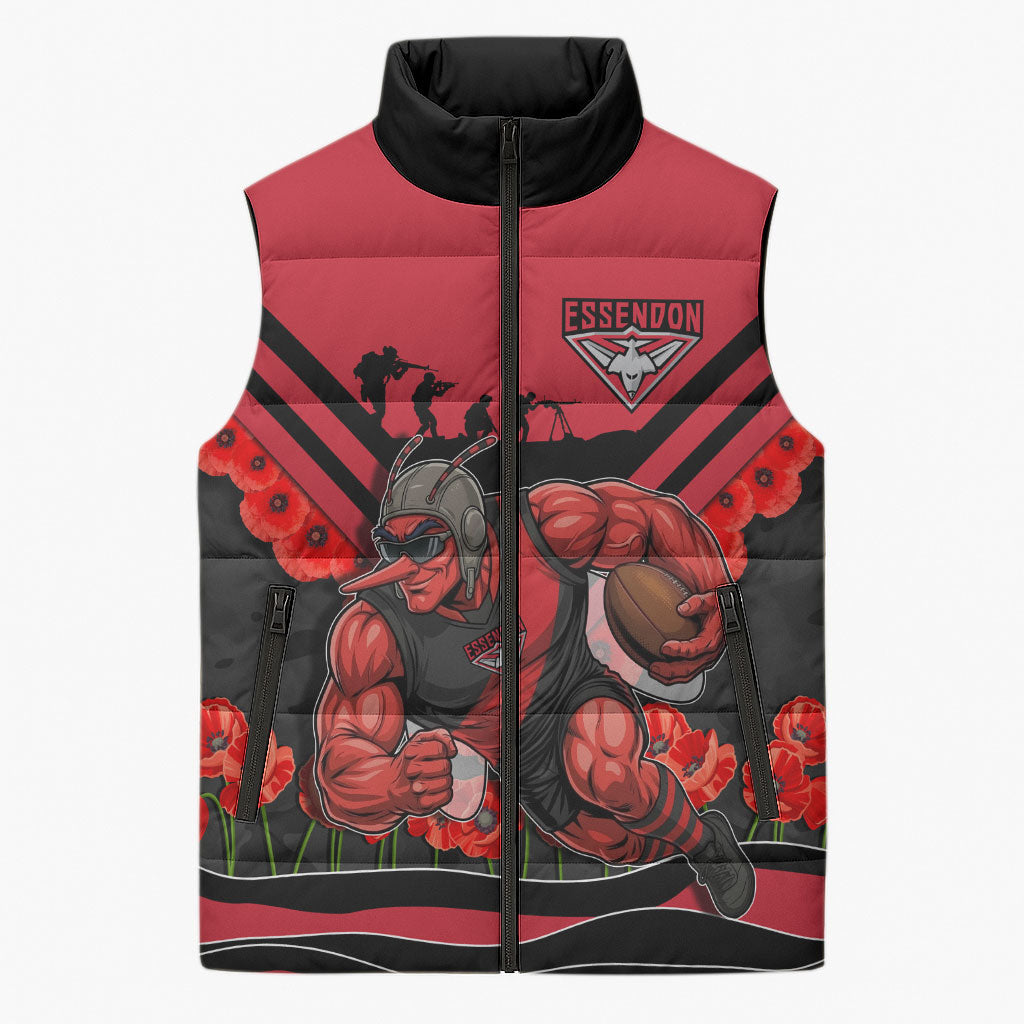 Personalised Essendon Bombers ANZAC Sleeveless Puffer Jacket Military Remembrance Australian Football Mascot Camouflage