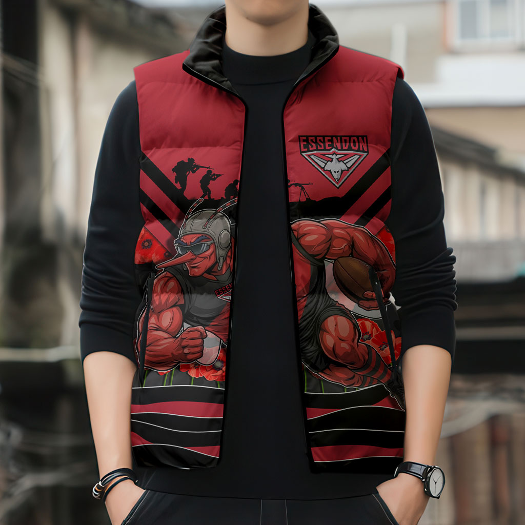 Personalised Essendon Bombers ANZAC Sleeveless Puffer Jacket Military Remembrance Australian Football Mascot Camouflage