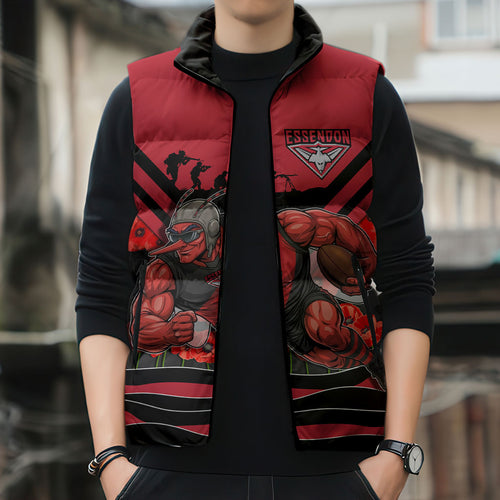 Personalised Essendon Bombers ANZAC Sleeveless Puffer Jacket Military Remembrance Australian Football Mascot Camouflage