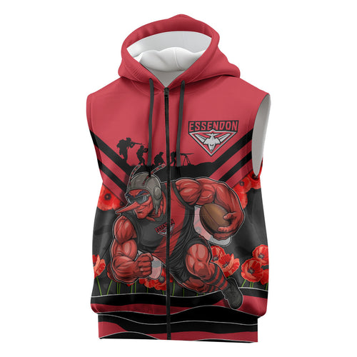 Personalised Essendon Bombers ANZAC Sleeveless Zip Hoodie Military Remembrance Australian Football Mascot Camouflage