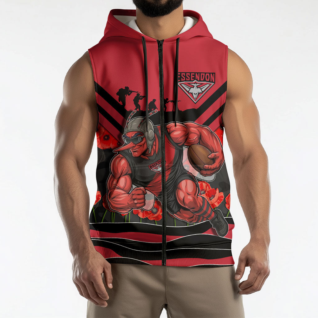 Personalised Essendon Bombers ANZAC Sleeveless Zip Hoodie Military Remembrance Australian Football Mascot Camouflage