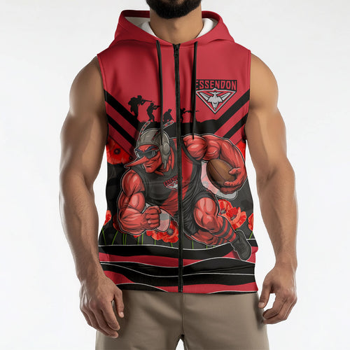 Personalised Essendon Bombers ANZAC Sleeveless Zip Hoodie Military Remembrance Australian Football Mascot Camouflage