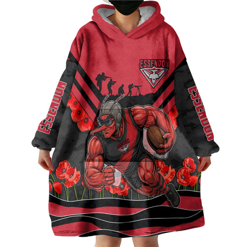 Personalised Essendon Bombers ANZAC Wearable Blanket Hoodie Military Remembrance Australian Football Mascot Camouflage