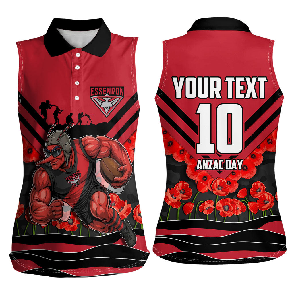 Personalised Essendon Bombers ANZAC Women Sleeveless Polo Shirt Military Remembrance Australian Football Mascot Camouflage