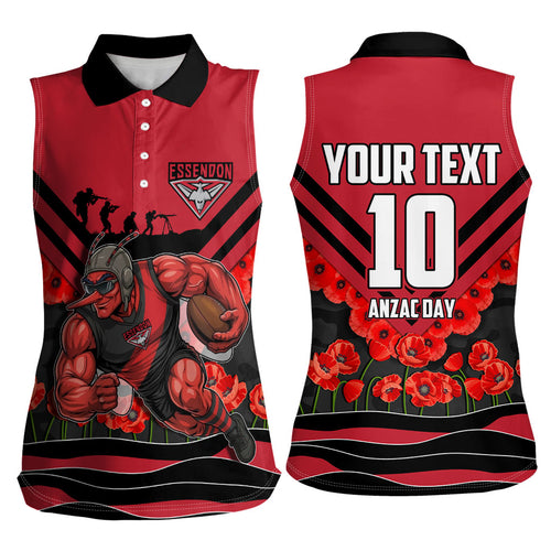 Personalised Essendon Bombers ANZAC Women Sleeveless Polo Shirt Military Remembrance Australian Football Mascot Camouflage