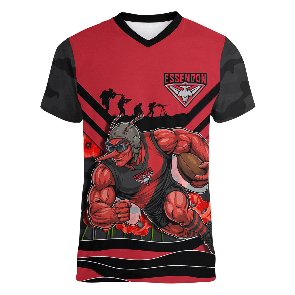 Personalised Essendon Bombers ANZAC Women V-Neck T-Shirt Military Remembrance Australian Football Mascot Camouflage