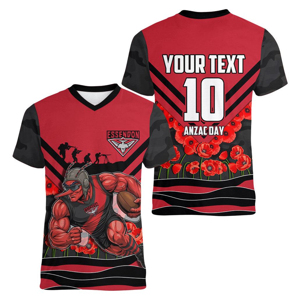 Personalised Essendon Bombers ANZAC Women V-Neck T-Shirt Military Remembrance Australian Football Mascot Camouflage
