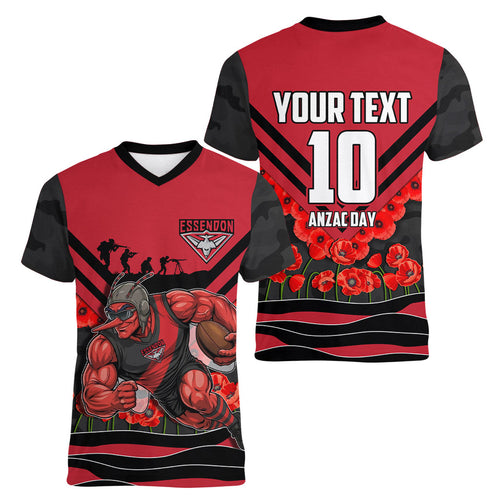 Personalised Essendon Bombers ANZAC Women V-Neck T-Shirt Military Remembrance Australian Football Mascot Camouflage
