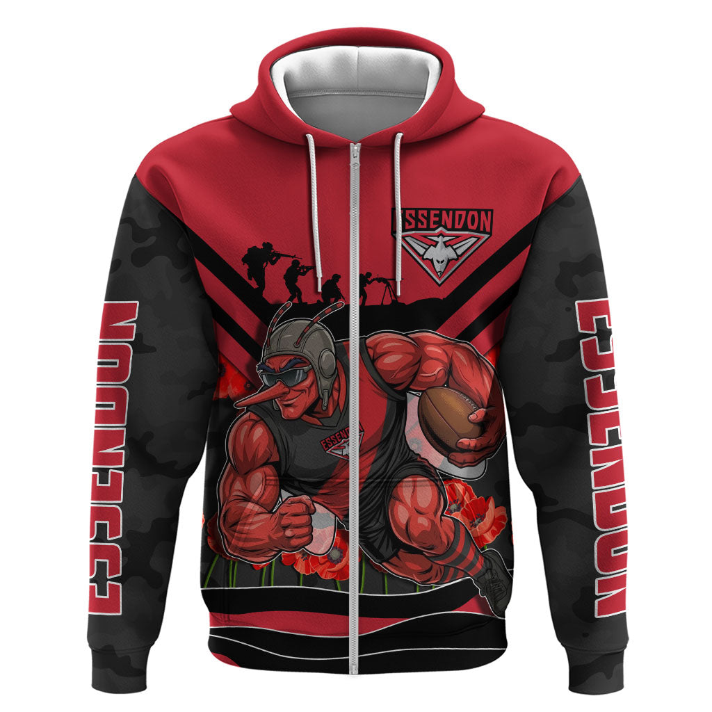 Personalised Essendon Bombers ANZAC Zip Hoodie Military Remembrance Australian Football Mascot Camouflage