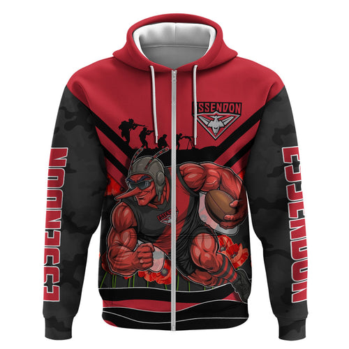 Personalised Essendon Bombers ANZAC Zip Hoodie Military Remembrance Australian Football Mascot Camouflage