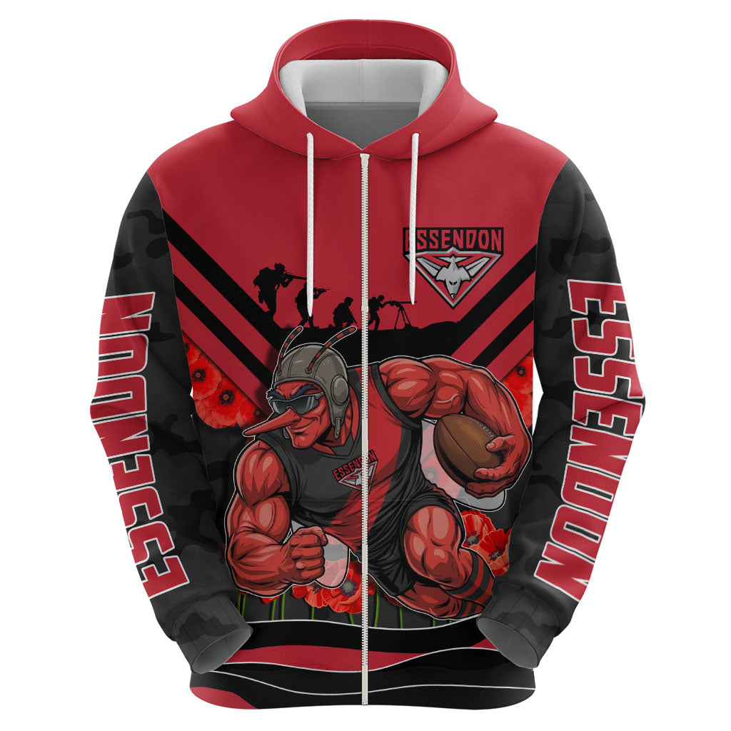 Personalised Essendon Bombers ANZAC Zip Hoodie Military Remembrance Australian Football Mascot Camouflage