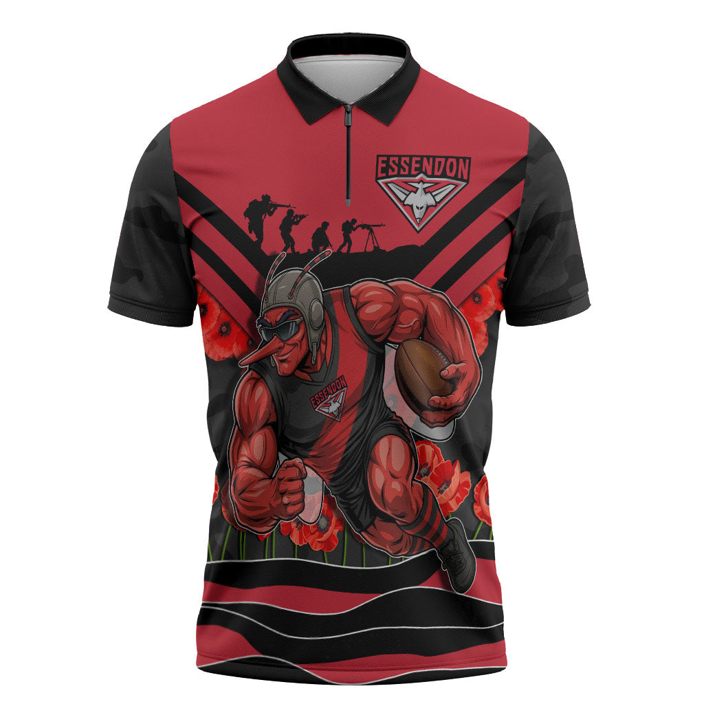 Personalised Essendon Bombers ANZAC Zipper Polo Shirt Military Remembrance Australian Football Mascot Camouflage