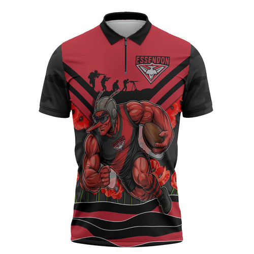 Personalised Essendon Bombers ANZAC Zipper Polo Shirt Military Remembrance Australian Football Mascot Camouflage