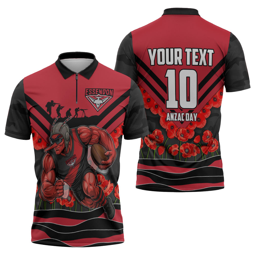 Personalised Essendon Bombers ANZAC Zipper Polo Shirt Military Remembrance Australian Football Mascot Camouflage