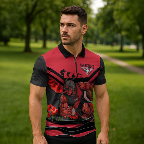 Personalised Essendon Bombers ANZAC Zipper Polo Shirt Military Remembrance Australian Football Mascot Camouflage
