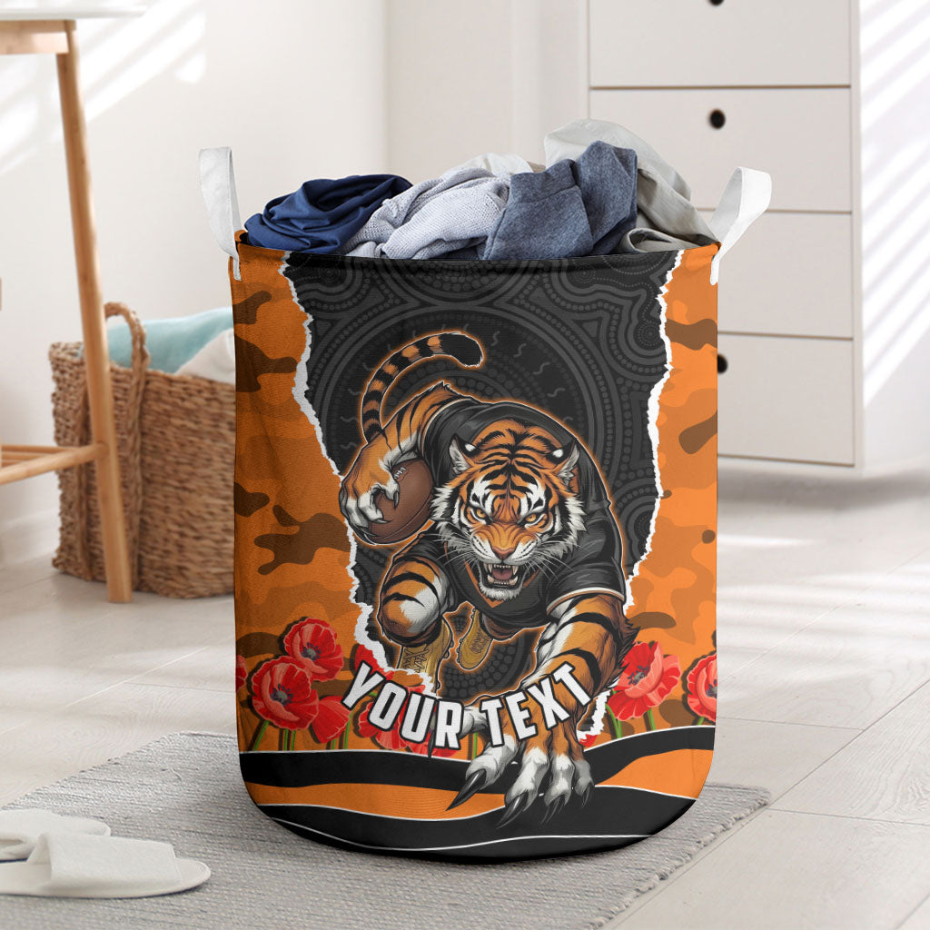 Personalized Wests Tigers ANZAC Tribute Laundry Basket Poppy Field Soldier Silhouette Aboriginal Rugby Mascot