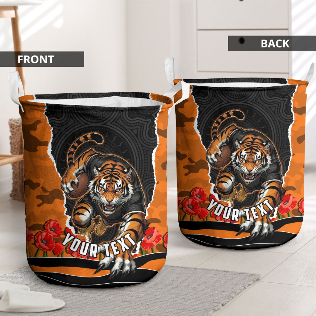 Personalized Wests Tigers ANZAC Tribute Laundry Basket Poppy Field Soldier Silhouette Aboriginal Rugby Mascot