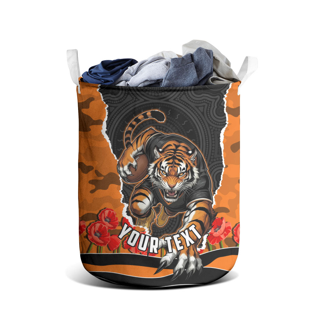 Personalized Wests Tigers ANZAC Tribute Laundry Basket Poppy Field Soldier Silhouette Aboriginal Rugby Mascot