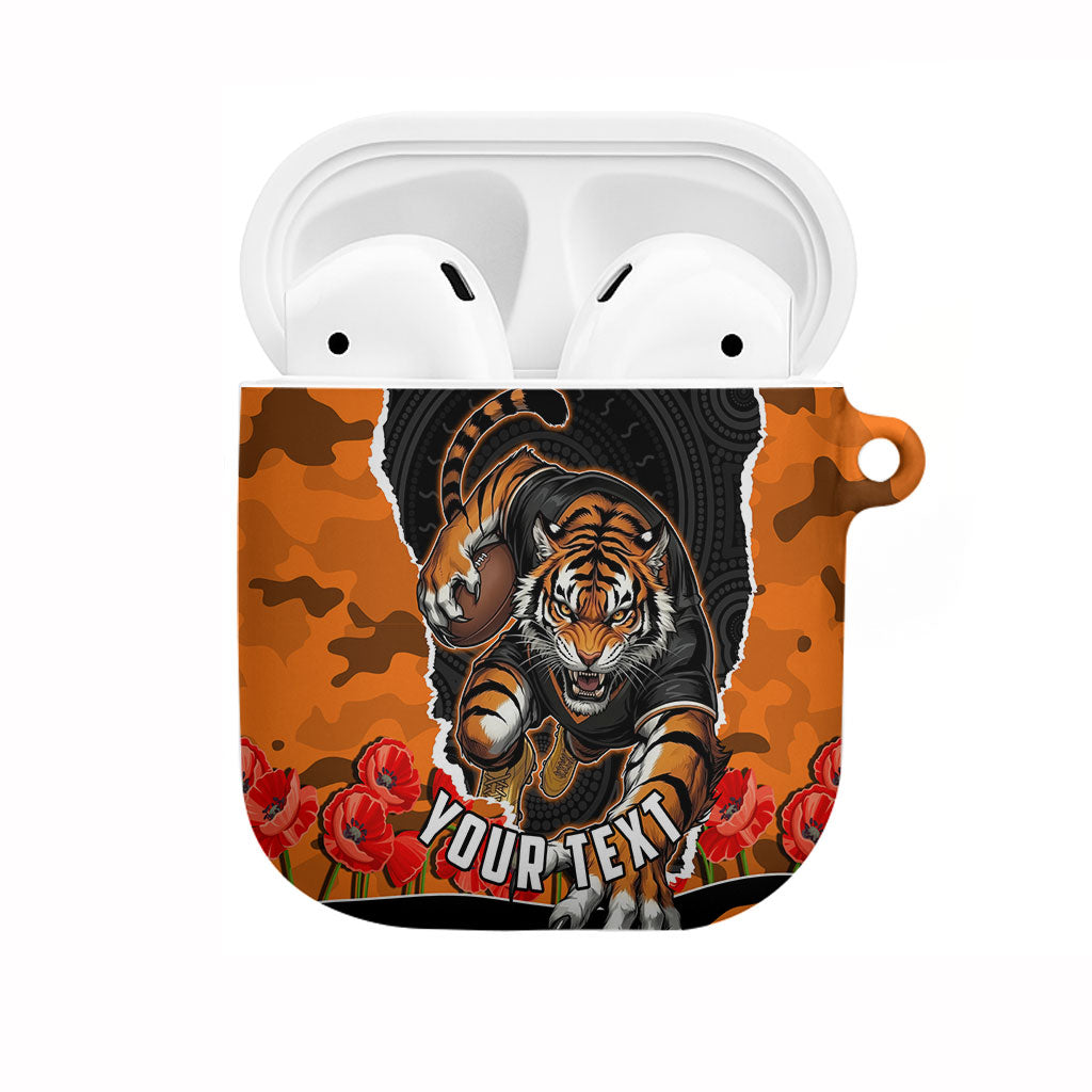 Personalized Wests Tigers ANZAC Tribute AirPods Case Poppy Field Soldier Silhouette Aboriginal Rugby Mascot
