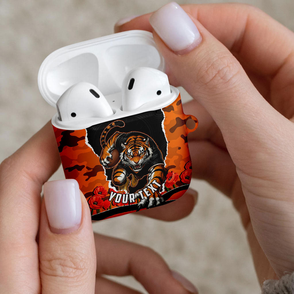 Personalized Wests Tigers ANZAC Tribute AirPods Case Poppy Field Soldier Silhouette Aboriginal Rugby Mascot