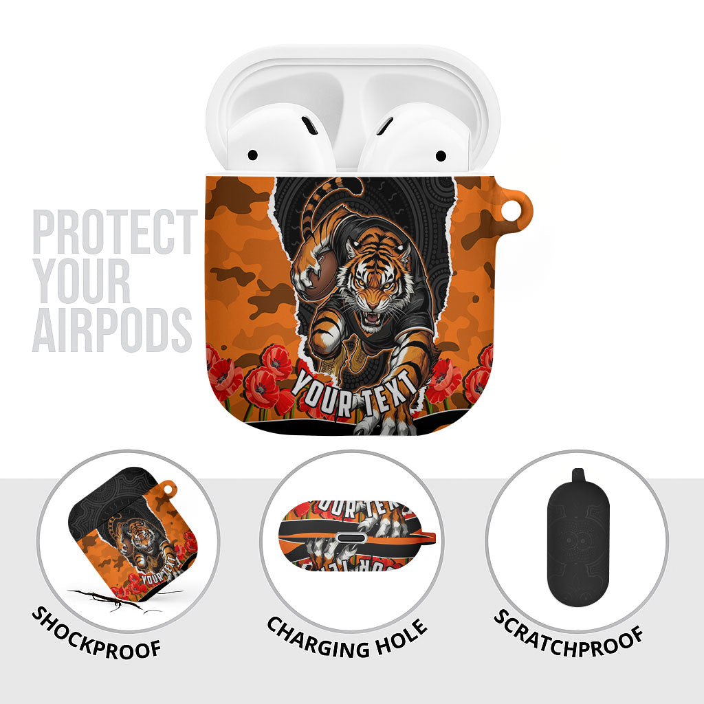 Personalized Wests Tigers ANZAC Tribute AirPods Case Poppy Field Soldier Silhouette Aboriginal Rugby Mascot