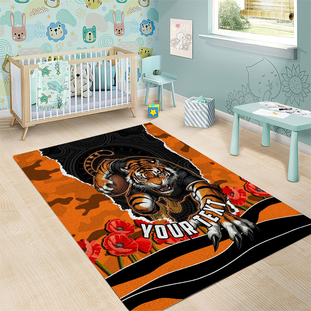 Personalized Wests Tigers ANZAC Tribute Area Rug Poppy Field Soldier Silhouette Aboriginal Rugby Mascot