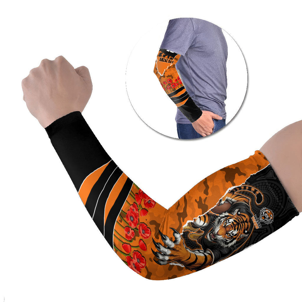 Personalized Wests Tigers ANZAC Tribute Arm Sleeves Poppy Field Soldier Silhouette Aboriginal Rugby Mascot