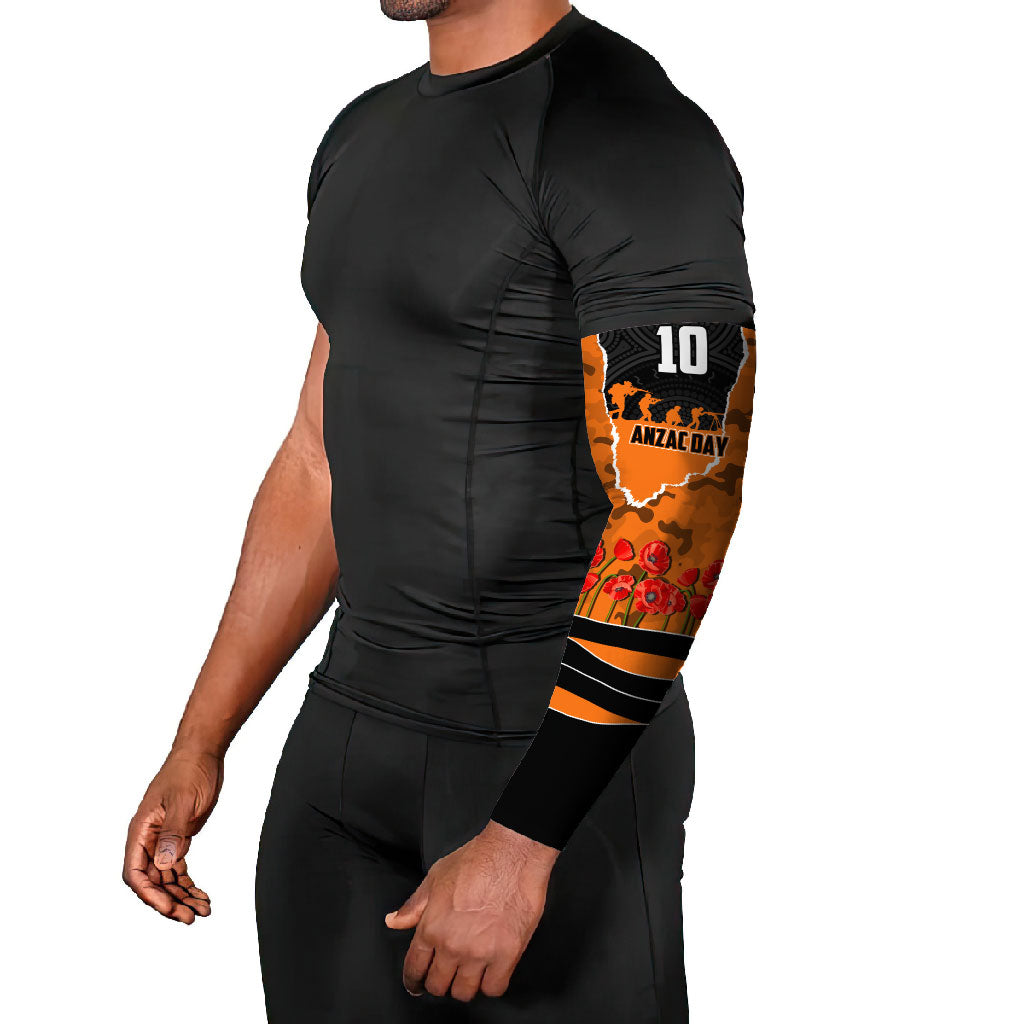 Personalized Wests Tigers ANZAC Tribute Arm Sleeves Poppy Field Soldier Silhouette Aboriginal Rugby Mascot