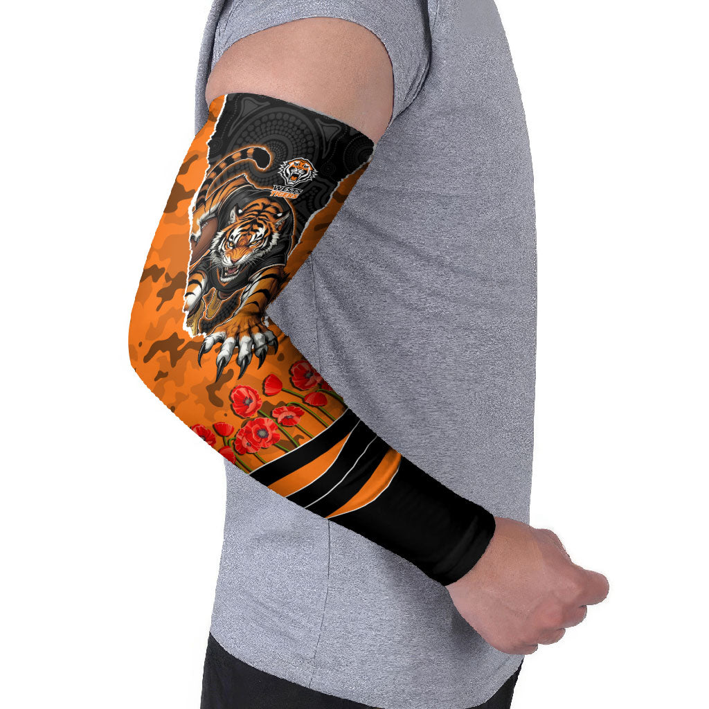 Personalized Wests Tigers ANZAC Tribute Arm Sleeves Poppy Field Soldier Silhouette Aboriginal Rugby Mascot