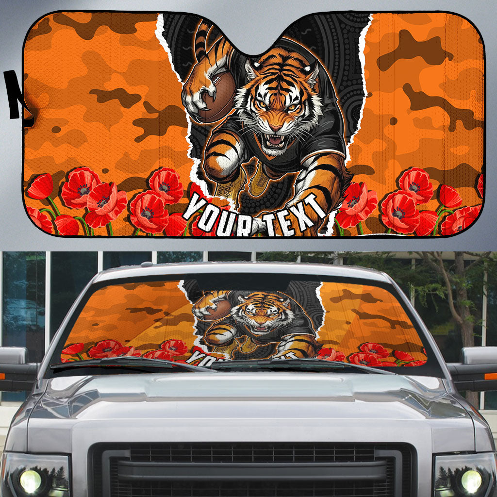 Personalized Wests Tigers ANZAC Tribute Auto Sun Shade Poppy Field Soldier Silhouette Aboriginal Rugby Mascot