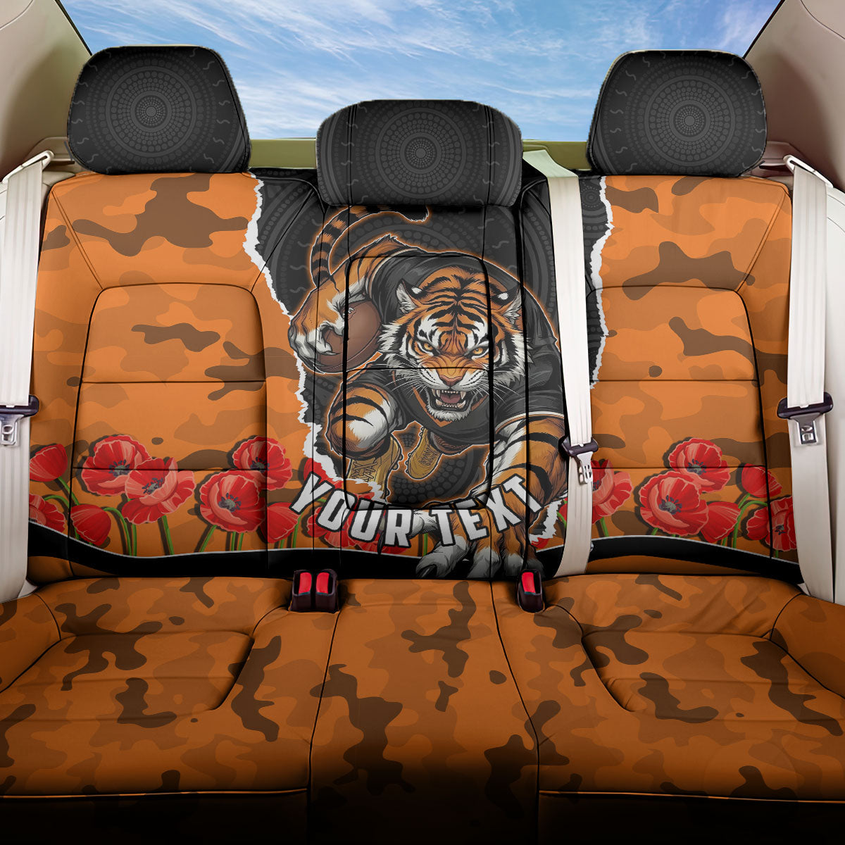 Personalized Wests Tigers ANZAC Tribute Back Car Seat Cover Poppy Field Soldier Silhouette Aboriginal Rugby Mascot