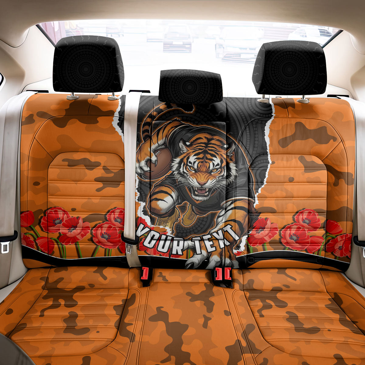 Personalized Wests Tigers ANZAC Tribute Back Car Seat Cover Poppy Field Soldier Silhouette Aboriginal Rugby Mascot