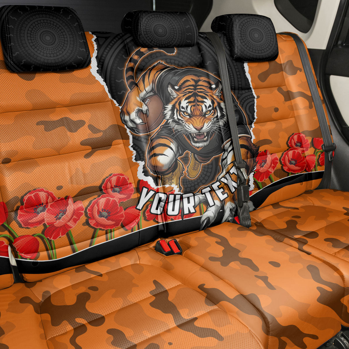 Personalized Wests Tigers ANZAC Tribute Back Car Seat Cover Poppy Field Soldier Silhouette Aboriginal Rugby Mascot