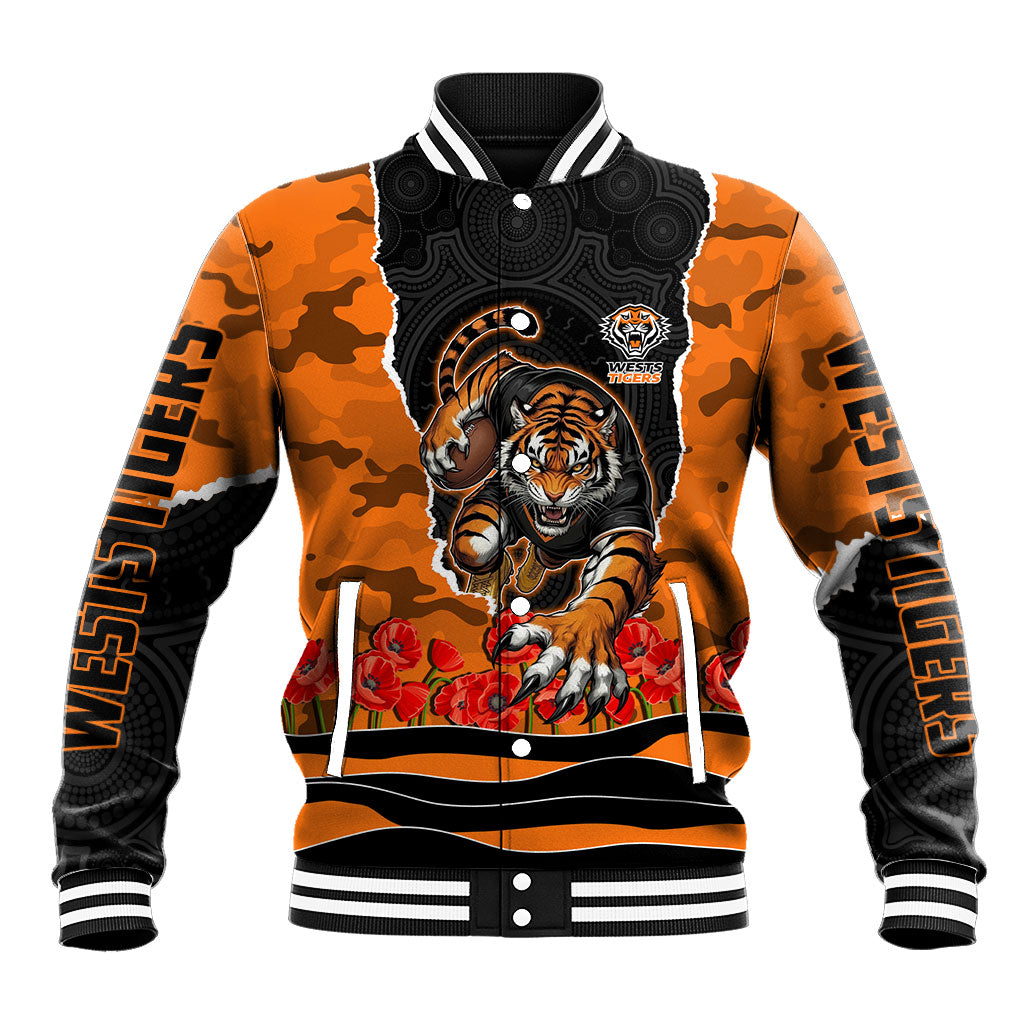 Personalized Wests Tigers ANZAC Tribute Baseball Jacket Poppy Field Soldier Silhouette Aboriginal Rugby Mascot