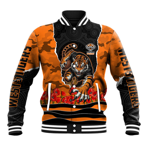Personalized Wests Tigers ANZAC Tribute Baseball Jacket Poppy Field Soldier Silhouette Aboriginal Rugby Mascot