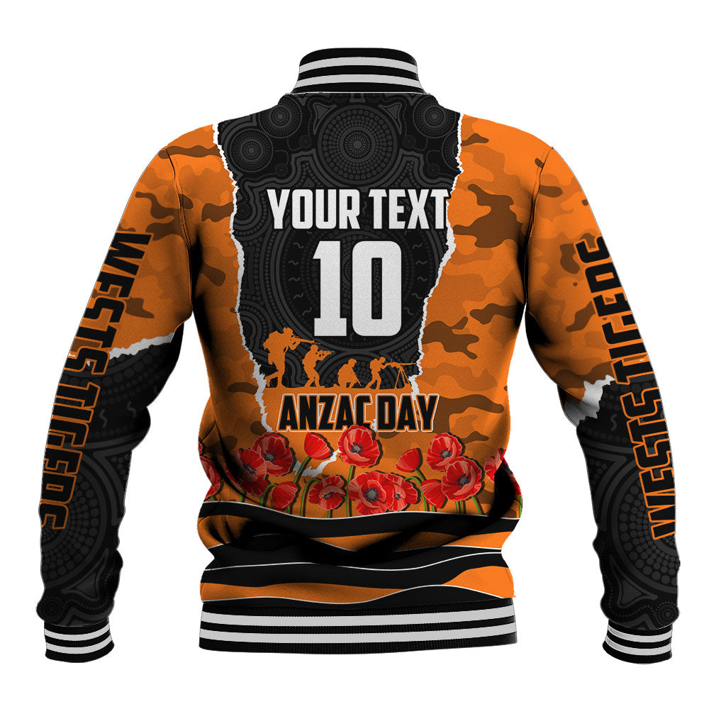 Personalized Wests Tigers ANZAC Tribute Baseball Jacket Poppy Field Soldier Silhouette Aboriginal Rugby Mascot