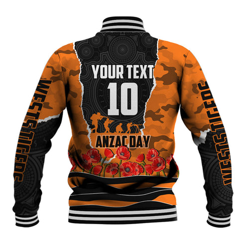 Personalized Wests Tigers ANZAC Tribute Baseball Jacket Poppy Field Soldier Silhouette Aboriginal Rugby Mascot