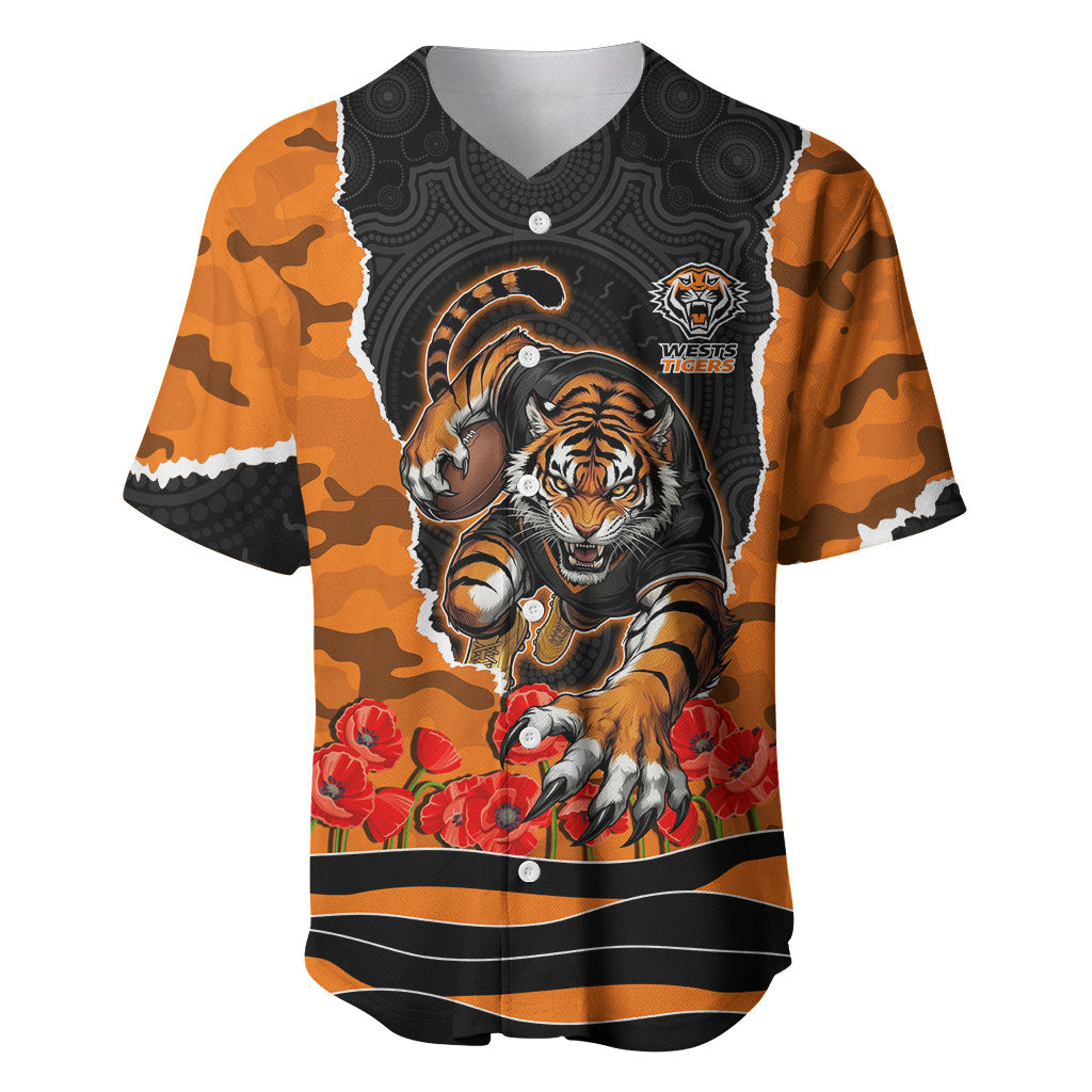 Personalized Wests Tigers ANZAC Tribute Baseball Jersey Poppy Field Soldier Silhouette Aboriginal Rugby Mascot