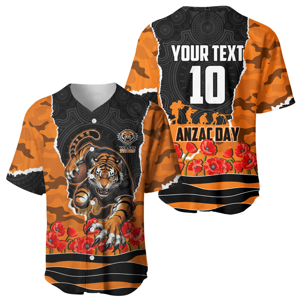 Personalized Wests Tigers ANZAC Tribute Baseball Jersey Poppy Field Soldier Silhouette Aboriginal Rugby Mascot