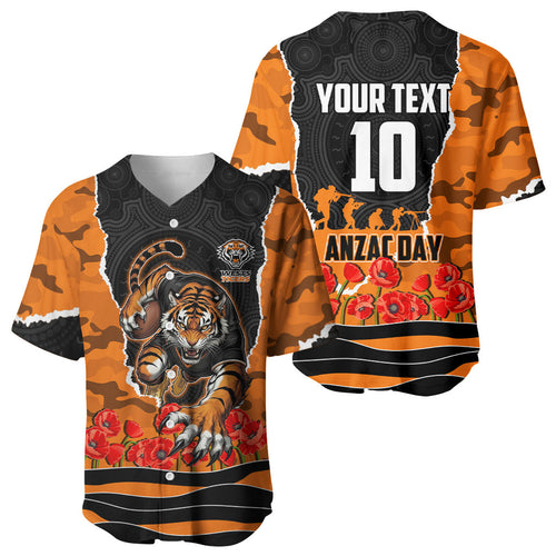 Personalized Wests Tigers ANZAC Tribute Baseball Jersey Poppy Field Soldier Silhouette Aboriginal Rugby Mascot