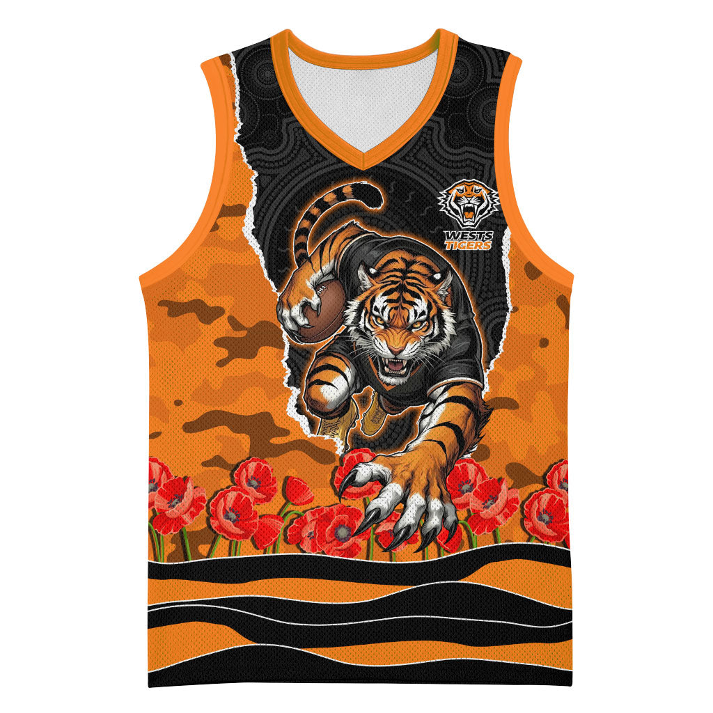 Personalized Wests Tigers ANZAC Tribute Basketball Jersey Poppy Field Soldier Silhouette Aboriginal Rugby Mascot