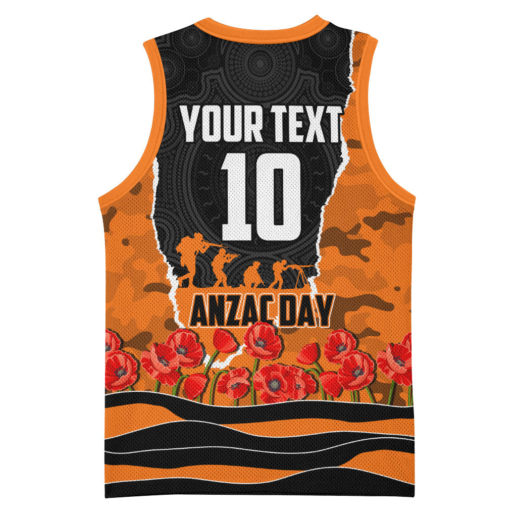 Personalized Wests Tigers ANZAC Tribute Basketball Jersey Poppy Field Soldier Silhouette Aboriginal Rugby Mascot
