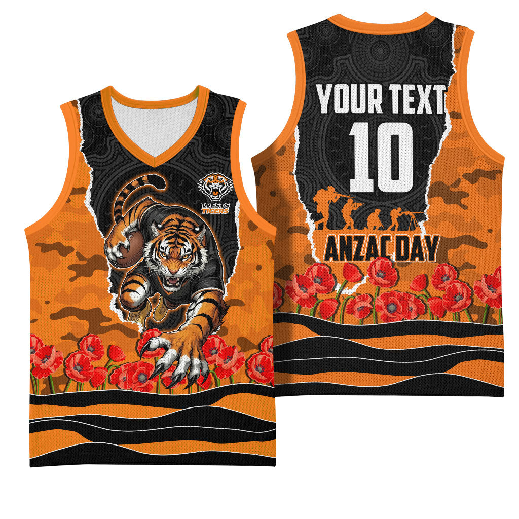 Personalized Wests Tigers ANZAC Tribute Basketball Jersey Poppy Field Soldier Silhouette Aboriginal Rugby Mascot