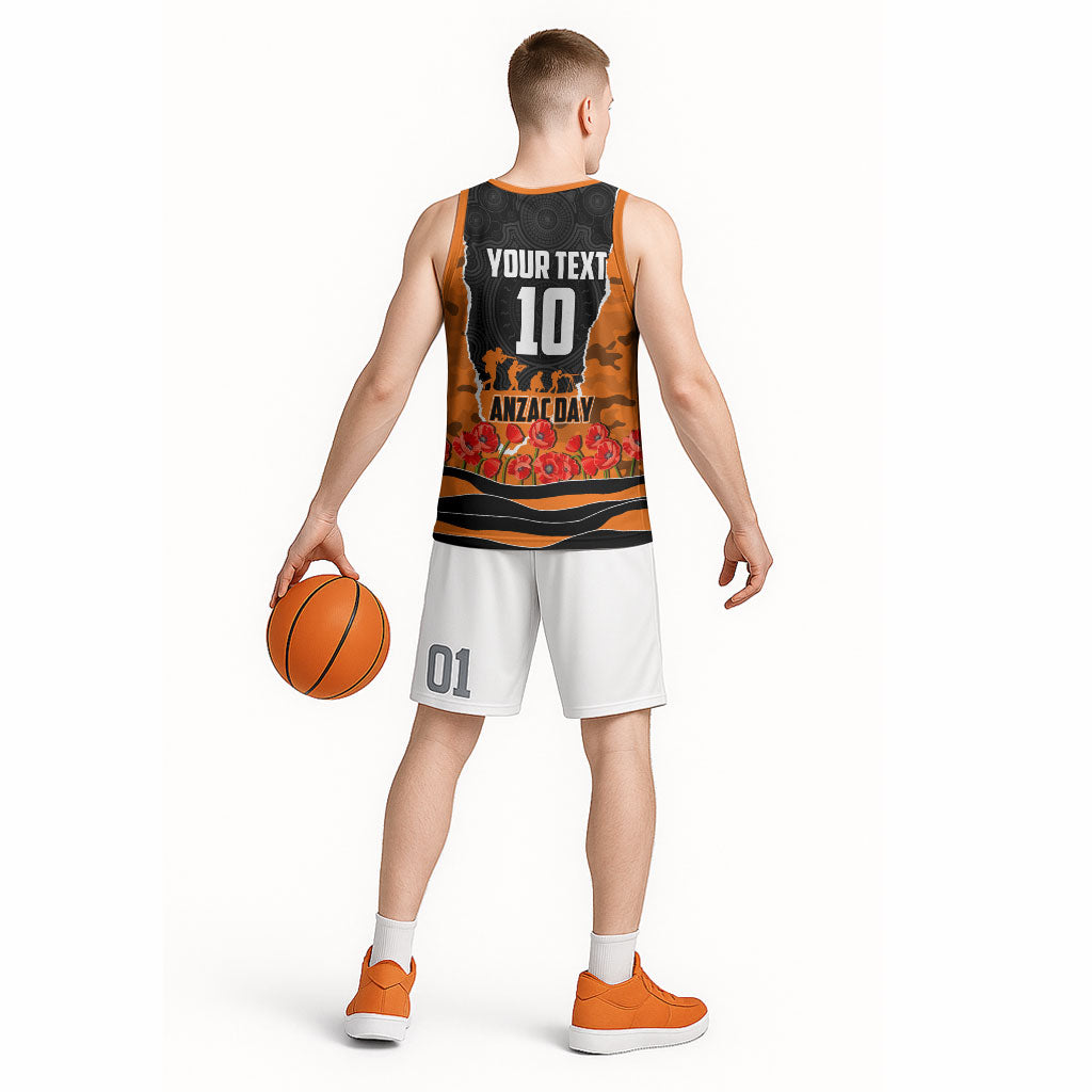 Personalized Wests Tigers ANZAC Tribute Basketball Jersey Poppy Field Soldier Silhouette Aboriginal Rugby Mascot