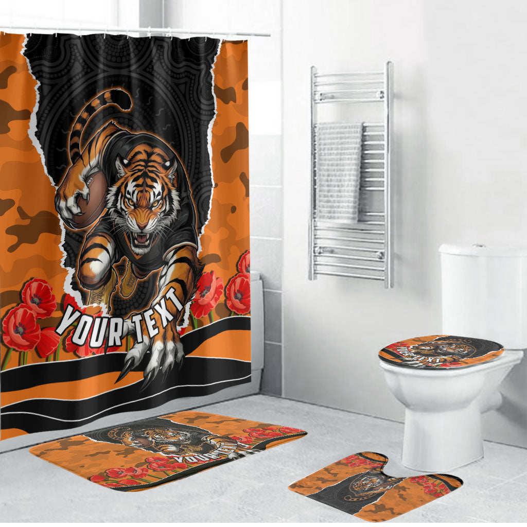 Personalized Wests Tigers ANZAC Tribute Bathroom Set Poppy Field Soldier Silhouette Aboriginal Rugby Mascot