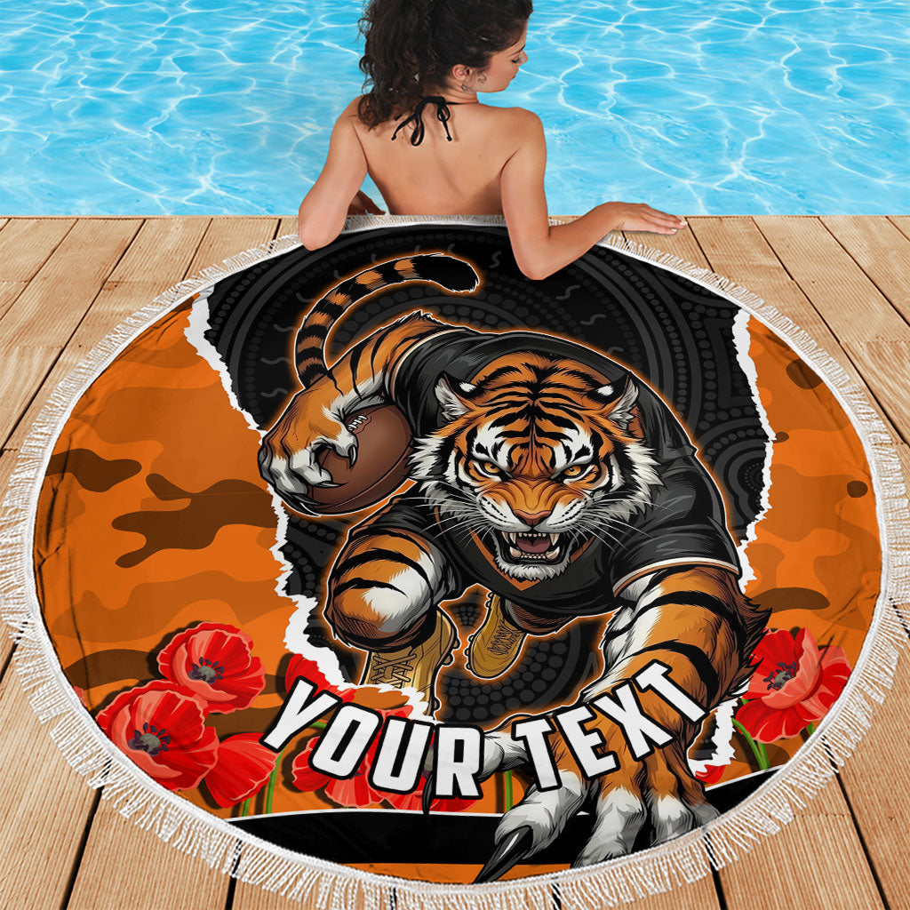 Personalized Wests Tigers ANZAC Tribute Beach Blanket Poppy Field Soldier Silhouette Aboriginal Rugby Mascot